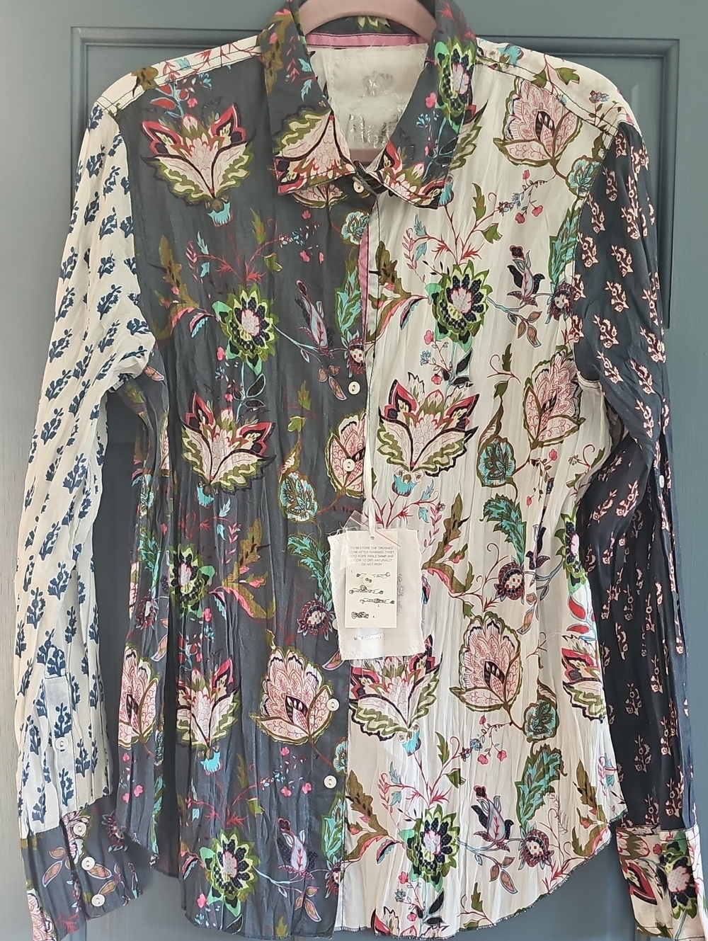 NWT Cino 100% Cotton Mixed Floral Patch Button-Down Shirt Blue White Xxlarge